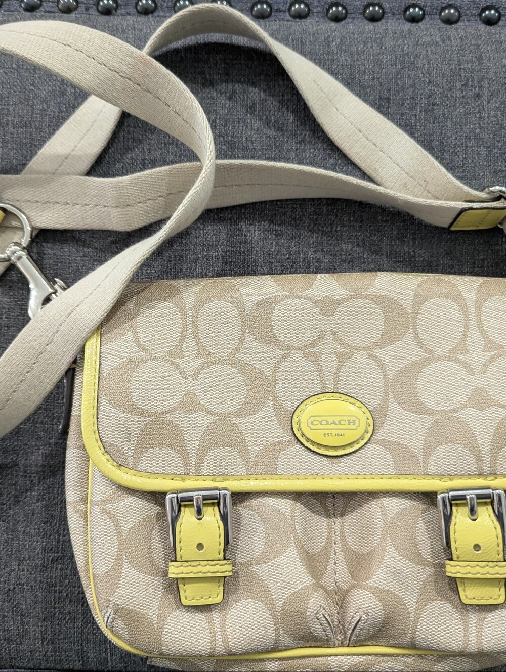 Coach Beige Signature Crossbody with Yellow Trim and Canvas Strap
